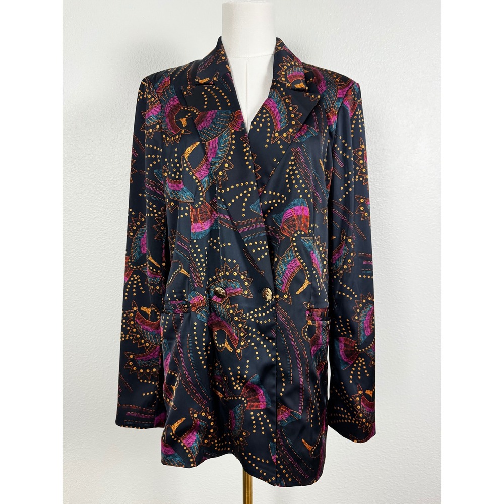 House of Harlow 1960 Womens Large Black Bird Print Satin Double Breasted Blazer
